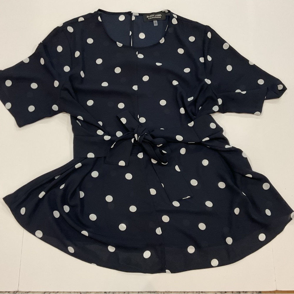 Evan Picone Black Label Navy Polka‑Dot Tie‑Waist Blouse | Size XL (EUC) - Picture 8 of 8